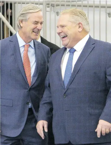  ?? DEREK RUTTAN / POSTMEDIA NEWS ?? Maple Leafs Foods CEO Michael McCain, left, and Ontario Premier Doug Ford on Tuesday at the announceme­nt of Ontario’s $34.5 million in funding for Maple Leaf ’s new processing plant in London, Ont.