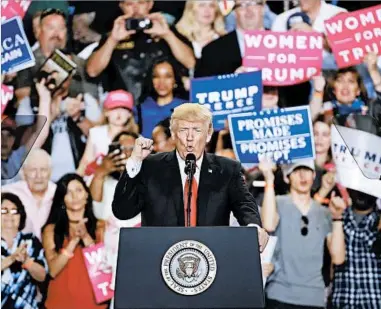  ?? PATRICK SEMANSKY/AP ?? President Donald Trump speaks at a rally Saturday in Harrisburg, Pa., an event coinciding with his 100th day in office.