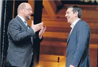  ?? Photo: REUTERS ?? Key talks: Greek Prime Minister Alexis Tsipras, right, with European Parliament President Martin Schulz. Schulz met Tsipras in Athens to discuss the agenda of his new anti-bailout government and how Greece wants to solve its debt problems.