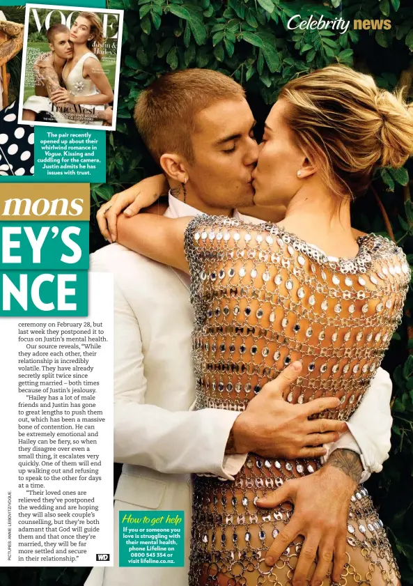  ??  ?? The pair recently opened up about their whirlwind romance in Vogue. Kissing and cuddling for the camera, Justin admits he has issues with trust.