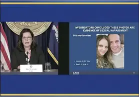  ?? OFFICE OF THE GOVERNOR OF NEW YORK VIA AP, FILE ?? In this image take from video made available by the Office of the Governor of New
York, Rita Glavin, attorney for former Gov. Andrew Cuomo, speaks Aug. 10in Albany, N.Y., alongside a photo of Brittany Commisso, an executive assistant on Cuomo’s staff. Albany’s top prosecutor said Tuesday he is dropping a criminal charge accusing former New York Gov. Andrew Cuomo of fondling an aide.