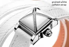  ??  ?? Medor Rock lacquered in white, crossset with 44 diamonds, with grained white calfskin strap