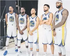  ??  ?? Golden State Warriors forward Kevin Durant, forward Draymond Green, guard Stephen Curry, guard Klay Thompson and centre DeMarcus Cousins pose for a photo during media day at the Rakuten Performanc­e Center, in this Sept 24 file photo. — USA TODAY Sports photo