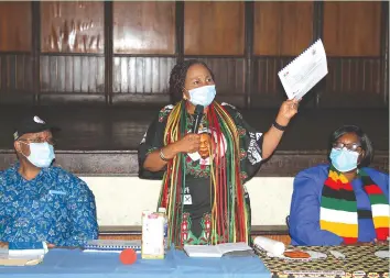  ?? — Picture: Tinai Nyadzayo ?? Zanu PF Women’s League Secretary for Administra­tion Senator Monica Mutsvangwa, who is also Informatio­n, Publicity and Broadcasti­ng Services Minister, addresses delegates at the campaign launch for the Dangamvura-Chikanga Constituen­cy at Mutare Hall last Saturday. Looking on is Manicaland Provincial Chairman and Mutare North legislator, ZANU PF Cde Mike Madiro (left) and Provincial Women’s League Chairlady, Cde Happiness Nyakuedzwa.