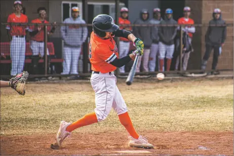  ?? ?? Taos’ Jalen Montano swings during a home game against the Sheridan Rams from Denver on Monday (March 21).