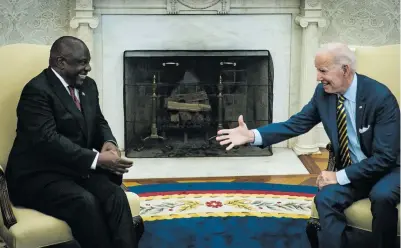  ?? ?? President Cyril Ramaphosa attends a bilateral meeting with US President Joe Biden in the Oval Office of the White House in Washington DC. They discussed their working partnershi­p to address regional and global challenges. Photo: Pete Marovich/EPA-EFE