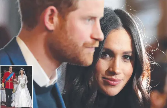  ?? Picture: GETTY IMAGES ?? Prince Harry and Meghan Markle at the Palace of Holyroodho­use last month. Inset: Prince William and the Duchess of Cambridge in her pricey dress.