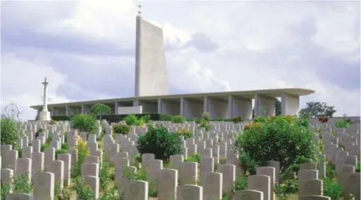  ?? ?? (Bo+om) The Singapore Memorial with war graves of fallen servicemen at the Kranji War Cemetery, 1960s. The memorial was built by Ho Bock Kee’s constructi­on company. John C. Young Collec on, courtesy of Na onal Archives of Singapore.