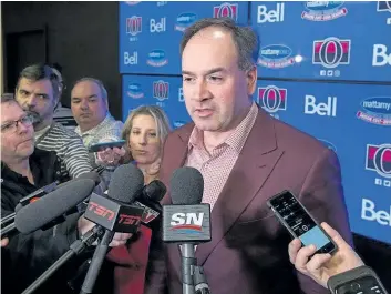  ?? WAYNE CUDDINGTON/ POSTMEDIA NETWORK ?? Ottawa Senators general manager Pierre Dorion talks to the media the day after he traded Dion Phaneuf to the LA Kings.