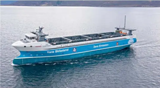  ??  ?? World’s first zero- emission container vessel - Yara Birkeland on the high sea.