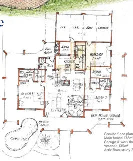  ??  ?? Ground floor plan: Main house 178m2 Garage & workshop 108m2 Veranda 135m2
Attic floor study 25m2