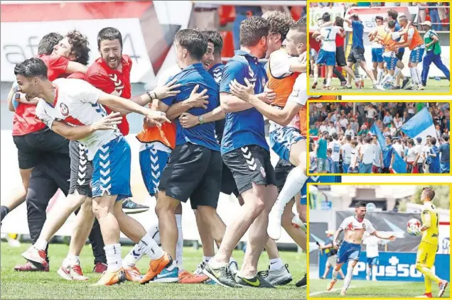  ??  ?? FIESTA EN EL CERRO DEL ESPINO. Los jugadores del Majadahond­a celebraron sobre el césped con la afición que llenó las gradas el histórico ascenso a Segunda División.