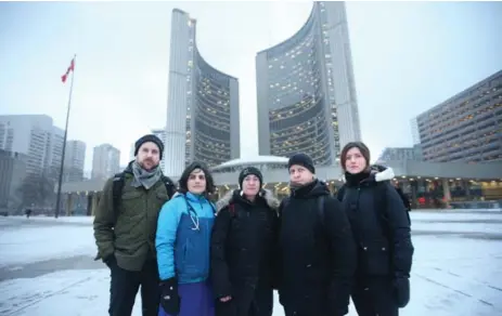  ?? VINCE TALOTTA/TORONTO STAR ?? Members of Health Providers Against Poverty — Andrew Silverthor­n, social worker, from left; Samantha Green, family physician; Michaela Beder, psychiatri­st; Llijah Pearce, registered nurse; and Madeleine Ritts, social worker — say that shelter...