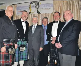  ??  ?? Top table attendees at last year’s Lamlash Burns Club dinner, Alastair Crawford, chairman Douglas Auld, Allan Nicol, retiring chairman Gordon Kinniburgh, Kenneth Robertson and Jock Kelso.