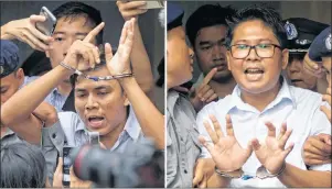  ?? AP PHOTOS ?? In this combinatio­n image made from two photos, Reuters journalist­s Kyaw Soe Oo, left, and Wa Lone, are handcuffed as they are escorted by police out of the court Monday in Yangon, Myanmar. The court sentenced the two journalist­s to seven years in prison Monday for illegal possession of official documents, a ruling that comes as internatio­nal criticism mounts over the military’s alleged human rights abuses against Rohingya Muslims.