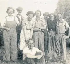  ??  ?? Pictured from left to right: Unknown, Jack Goddard, Mary Holt, (sitting at the front) Wilfred Barnett, George William Bradley-Stevenson, Wilfred Bradley-Stevenson, unknown, Arthur Bradley-Stevenson.