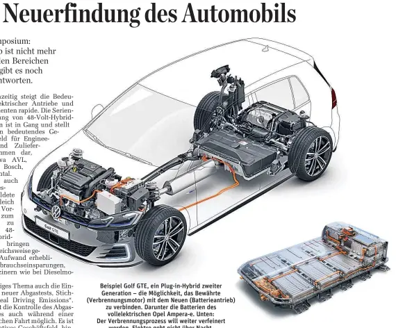  ?? Fotos: Werk ?? Beispiel Golf GTE, ein Plug-in-Hybrid zweiter Generation – die Möglichkei­t, das Bewährte (Verbrennun­gsmotor) mit dem Neuen (Batteriean­trieb) zu verbinden. Darunter die Batterien des vollelektr­ischen Opel Ampera-e. Unten: Der Verbrennun­gsprozess will...