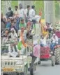  ??  ?? Farmers from Muzaffarna­gar on their way to join protesters at Ghazipur border in Ghaziabad on July 25.