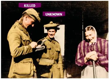  ??  ?? Meeting the locals: Second Lieutenant Eric Anderson, left, of the 1/6th Seaforth Highlander­s, takes time out to chat to a woman in the small hamlet of Bouzincour­t. He was killed on November 13, 1916, at the storming of the village Beaumont Hamel which had been occupied by the Germans for two years. KILLED UNKNOWN