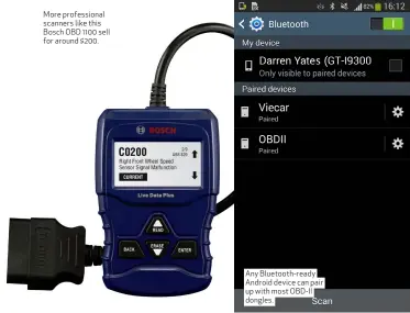  ??  ?? More profession­al scanners like this Bosch OBD 1100 sell for around $200.
Any Bluetooth-ready Android device can pair up with most OBD-II dongles.