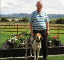  ??  ?? Timmy Galvin from the Ballinskel­ligs Club with his Senior Hound Inny Boy, Winner of the 2016 Ring Lyne Drag Hunt