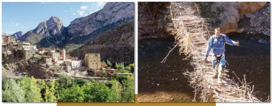  ??  ?? Agoudim, un petit bijou de village ancien avec ses belles kasbahs en pisé. Une passerelle rustique tendue sur l’assif Melloul : celle-là, on a renoncé à la passer à moto pour ne pas abîmer les branchages !