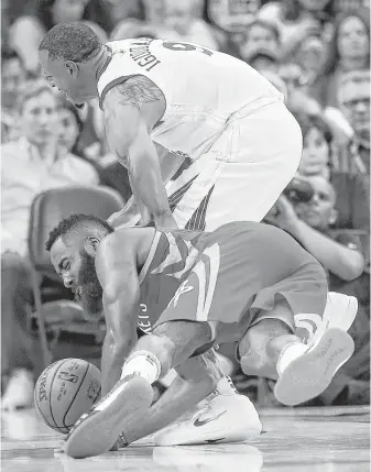  ?? Michael Ciaglo / Houston Chronicle ?? Guard James Harden and the Rockets might not have to worry about tussling in Game 4 with Andre Iguodala, whom the Warriors say is questionab­le with a bruised knee.