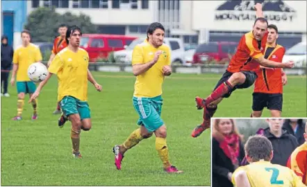  ?? PHOTOS: DARREN TAUMATA ?? Strike: Stop Out’s Miroslav Malivuk, who scored twice for his side on Saturday, fires the ball past Victoria University defenders. Taking it to them: Man of the match Cherbel Khouchaba looks for a way round a Victoria University defender at Hutt Park.