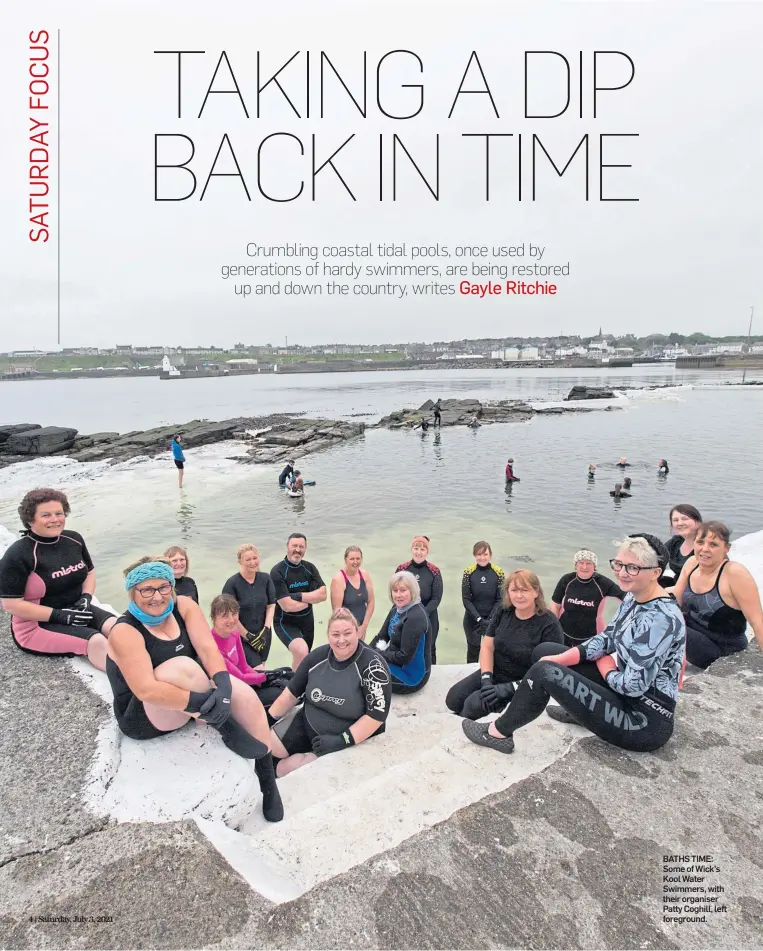  ??  ?? BATHS TIME: Some of Wick’s Kool Water Swimmers, with their organiser Patty Coghill, left foreground.