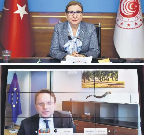  ??  ?? Turkey’s Trade Minister Ruhsar Pekcan (above) and European Neighborho­od and Enlargemen­t Commission­er Oliver Varhelyi during their virtual meeting, Feb. 23, 2021.