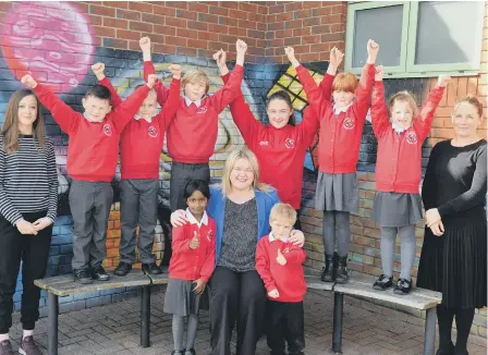  ??  ?? Headteache­r Natalie Fountain, teacher, Kathryn Rowland, assistant head, Jackie Graham, and the pupils.