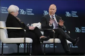  ?? MANUEL BALCE CENETA — THE ASSOCIATED PRESS FILE ?? Treasury Secretary Janet Yellen speaks to American Bankers Associatio­n President and CEO Rob Nichols on Tuesday in Washington.