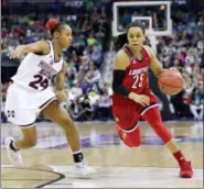  ??  ?? Louisville’s Asia Durr (25) heads to the basket past Mississipp­i State’s Jordan Danberry (24) during the first half in the semifinals of the women’s NCAA Final Four college basketball tournament, Friday, March 30, 2018, in Columbus, Ohio.