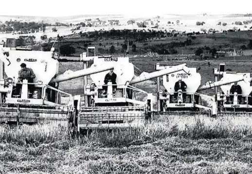  ??  ?? Four of 10 combine harvesters owned by Lindsay Cook, lined up in a barley field at Cairnhill, Tarves, pictured 50 years ago today