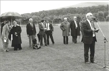  ??  ?? The president of the GAA, Mr John Dowling, giving an address at the opening of the Mill Field GAA grounds in Killavulle­n on June 6, 1988.