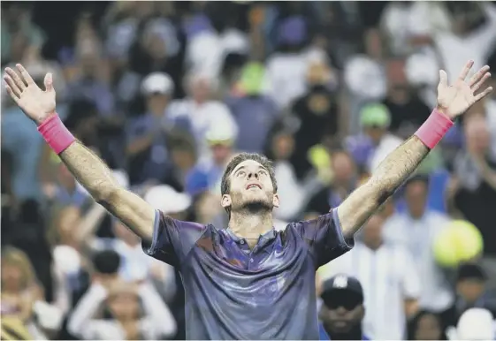  ??  ?? 2 Juan Martin del Potro celebrates his fourthroun­d win over Dominic Thiem at the US Open after overcoming a virus which threatened to end his participat­ion in the match.