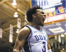  ?? Ben McKeown / Associated Press ?? Duke’s Tre Jones exults after a good play in a victory over Georgia State. Jones scored a careerhigh 31 points.