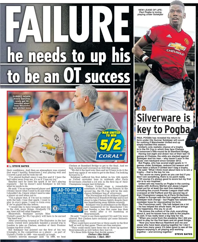  ?? Overall record ?? SUBBED AGAIN: Alexis Sanchez rarely got 90 minutes when Jose Mourinho was United boss NEW LEASE OF LIFE: Paul Pogba is loving playing under Solskjaer