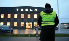  ?? Photograph: Tt News Agency/Reuters ?? A striking union member outside Tesla’s service centre in Segeltorp, Sweden.