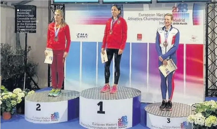  ?? Liverpool Pembroke Sefton’s Clare Constable with her bronze medal at the European Indoor Masters Championsh­ips in Madrid ??