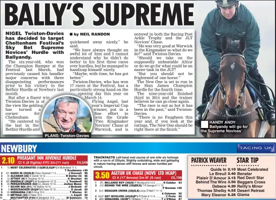  ??  ?? PLANS: Twiston-Davies HANDY ANDY: Ballyandy will go for the Supreme Novices’