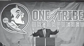  ?? ?? Florida State University President John Thrasher speaks at a press conference in the Champions Club in 2019.