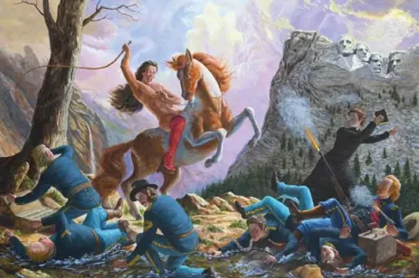  ??  ?? Kent Monkman enlists a posse of mythologic­al characters, such as Leda, Helen of Troy and Minerva, and recasts them as muscled-up Indian braves.