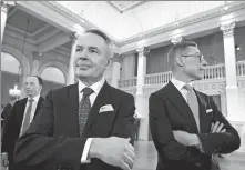  ?? MORRIS MAC MATZEN / AFP ?? Alexander Stubb (right), candidate for the National Coalition, and Pekka Haavisto, the independen­t Green candidate, attend the presidenti­al election event after the early vote results at the Helsinki City Hall in Helsinki, Finland, on Sunday.