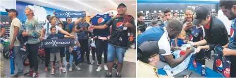  ??  ?? acercamien­to. Jugadores del Motagua firmaron autógrafos ayer en la tienda Diunsa Próceres en la avenida La Paz. demandado. Wilmer Crisanto fue uno de los que más firmó.