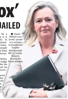  ??  ?? ■ David William Low (inset) posed as a woman to threatened Dwyfor Meirionnyd­d MP Liz SavilleRob­erts during the Brexit debates