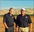  ??  ?? Glen Perry, president of Zion Oil and Gas, left, with Victor Carrillo, then company CEO, at the site of one of Zion’s well sites in Israel in 2015.