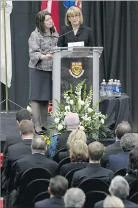  ?? Lorraine Hjalte, Calgary Herald ?? Jack Perraton’s wife, Charlotte, and daughter Stacey talk about his life at a memorial celebratio­n held at the University of Calgary Jack Simpson gymnasium on Monday. Perraton was a former U of C chancellor and chairman of the board of governors.