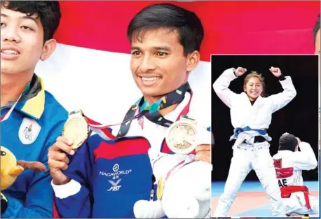  ?? AFP ?? Cambodian gold winner Ou Saly Moeut poses with his medal during the the jet ski modified awards ceremony at the 2018 Asian Games in Jakarta on August 26. Inset: Jessa Khan of Cambodia celebrates winning jiu-jitsu gold on August 24.