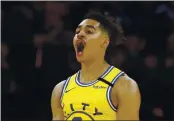  ?? (KARL MONDON/BAY AREA NEWS GROUP) ?? The Warriors’ Jordan Poole celebrates a three-point shot against the Indiana Pacers in January of 2020.